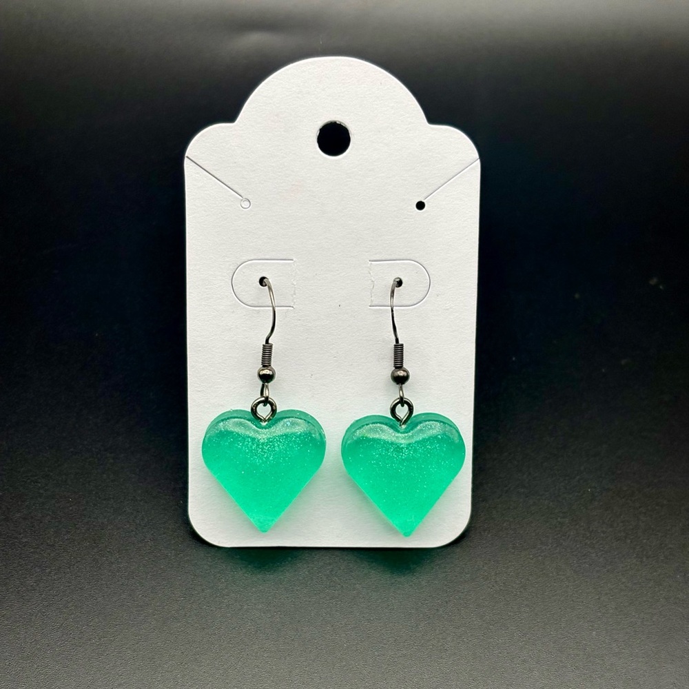 Green Glitter Heart Earrings- HANDMADE